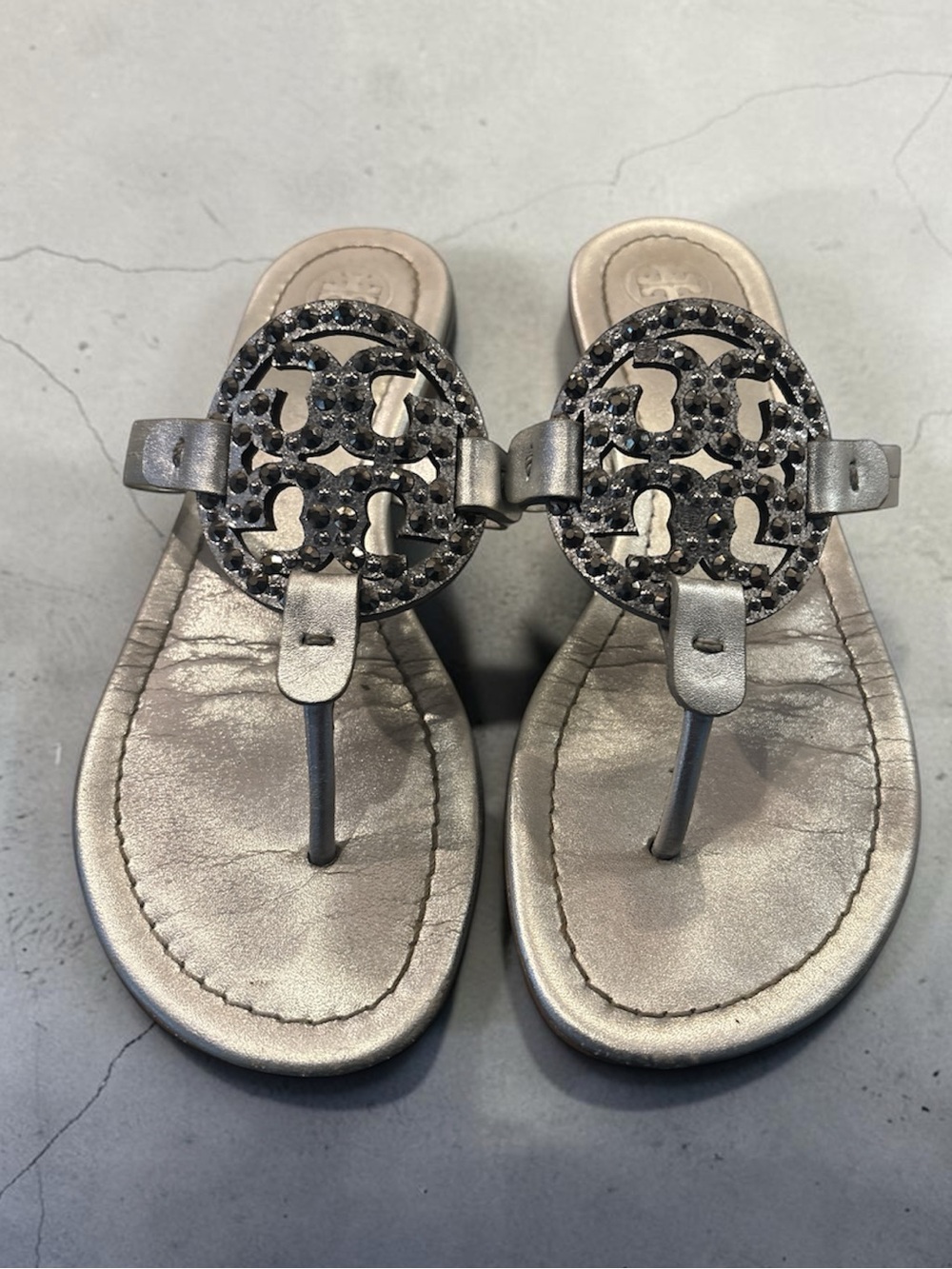Tory Burch Metallic Silver Logo Thong Sandals